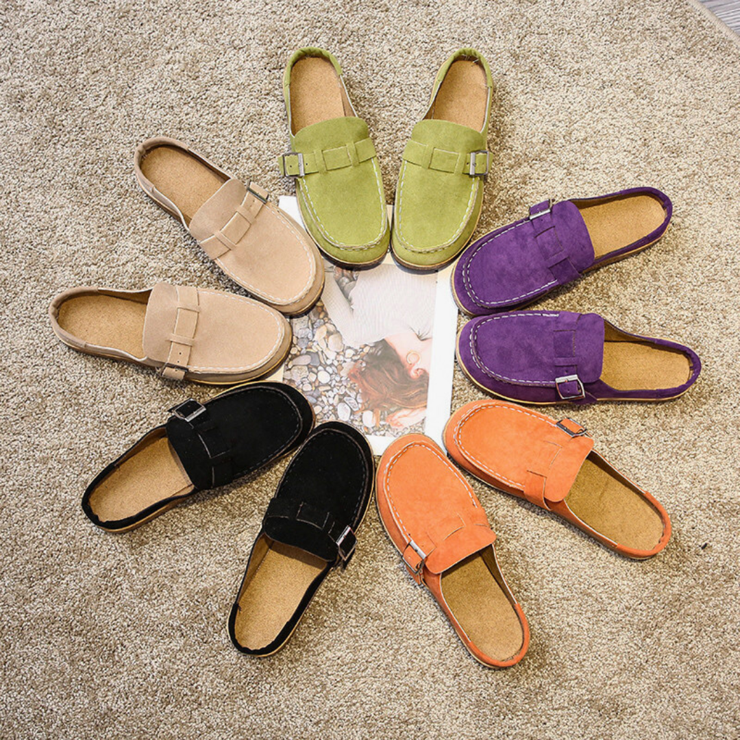 Women's suede comfort sandals with adjustable buckle strap and cork footbed, retro style