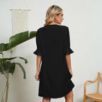 Women V-Neck Knee Length Dress with Ruffle Detail in Black Blue White Green