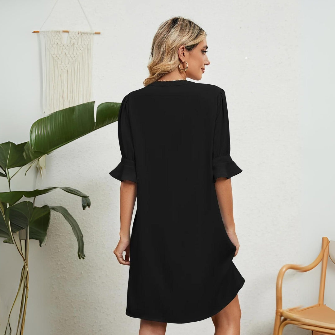 Women V-Neck Knee Length Dress with Ruffle Detail in Black Blue White Green