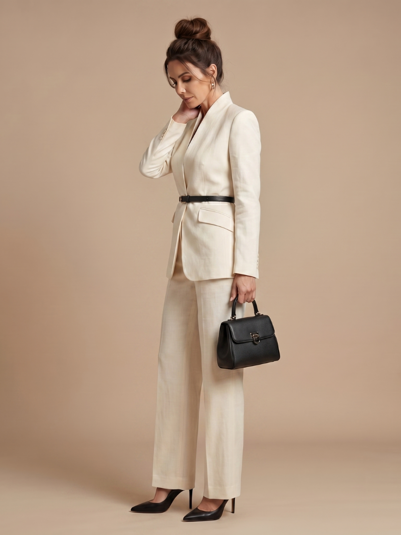 Women 2 Piece Suit stand collar tailored jacket with flared trousers
