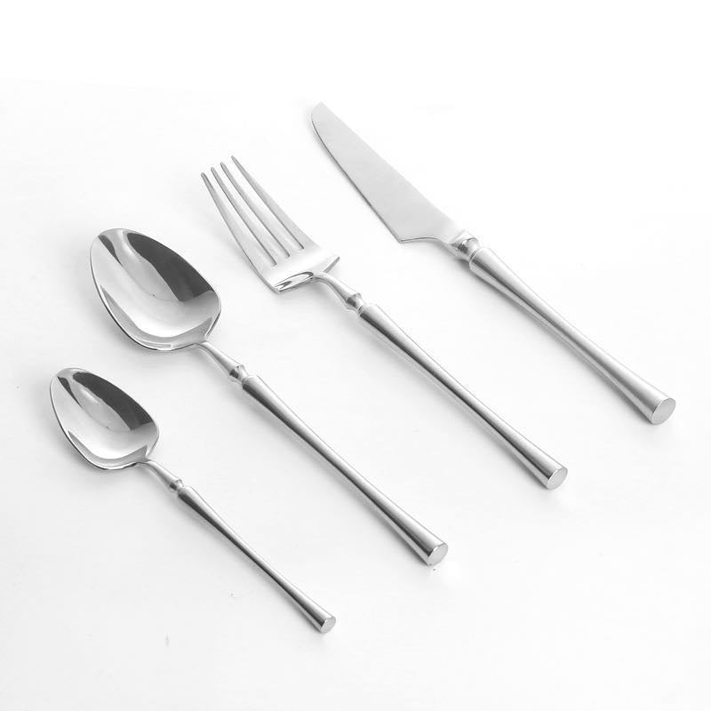 24-piece stainless steel cutlery set with polished finish, dishwasher safe