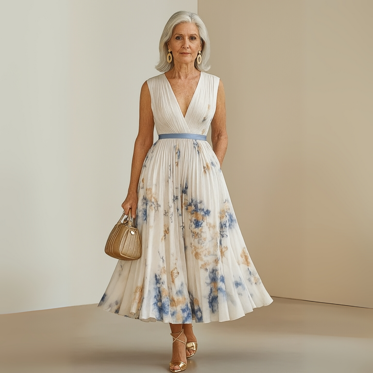 Women flowy pleated midi dress in beige, lightweight casual summer style