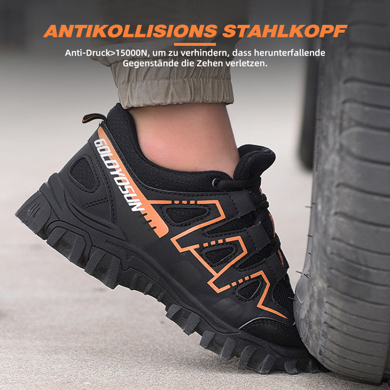 Safety shoes with steel toe cap, anti-slip puncture-resistant sole, breathable mesh upper