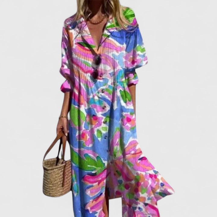 Women's boho dress in bold colors, floral midi style for all occasions
