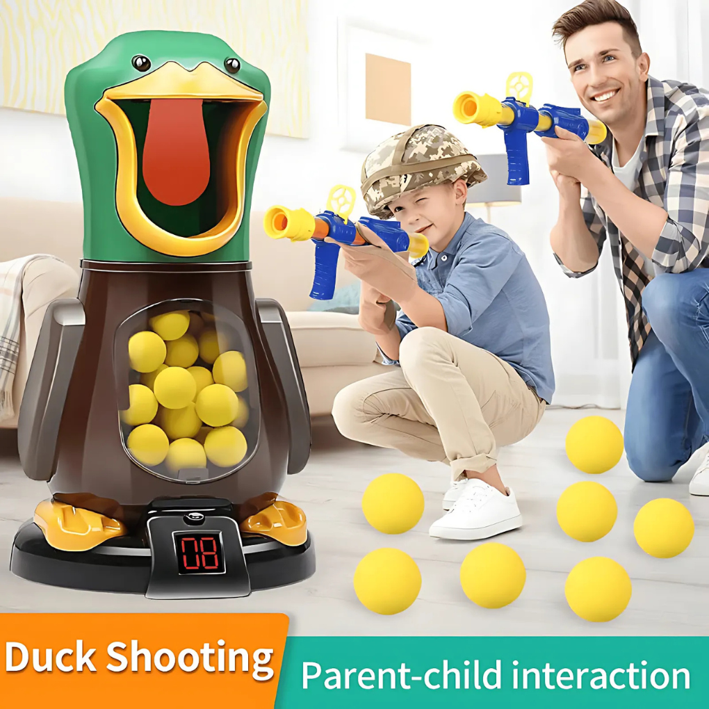 Kids air powered soft bullet shooting game with walking light up duck target set