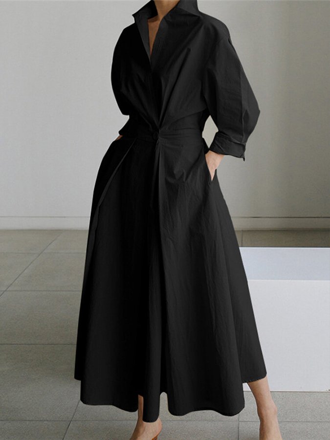 Women's midi shirt dress with button-front closure and adjustable belted waist