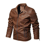 Men's faux leather biker jacket with ribbed sleeves and fleece lining, slim fit
