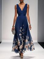 Women's floral print wedding guest dress, A-line V-neck flowing silhouette