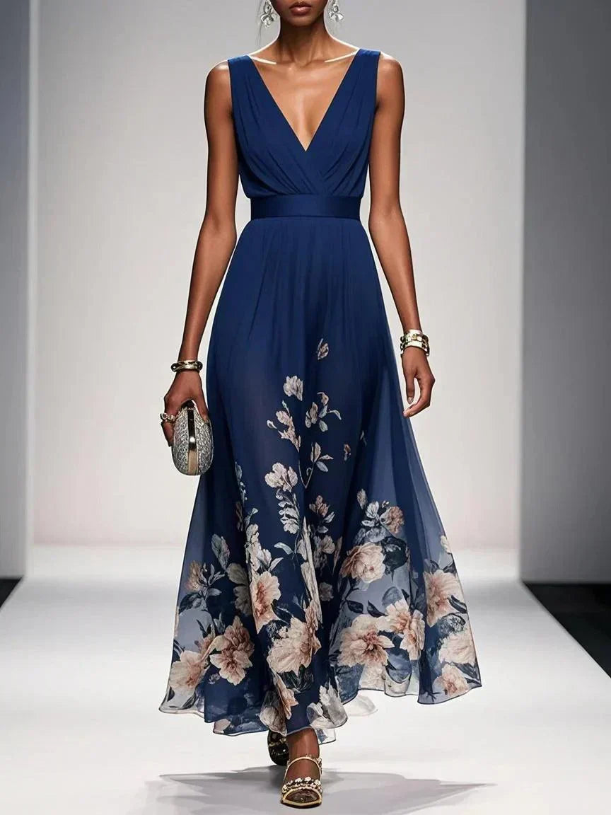 Women's floral print wedding guest dress, A-line V-neck flowing silhouette