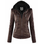 Women's faux leather jacket with removable hood and quilted sleeves, moto style