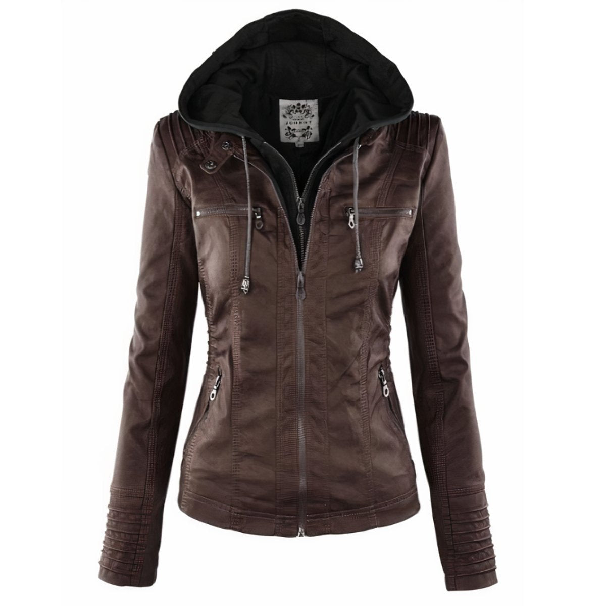 Women's faux leather jacket with removable hood and quilted sleeves, moto style