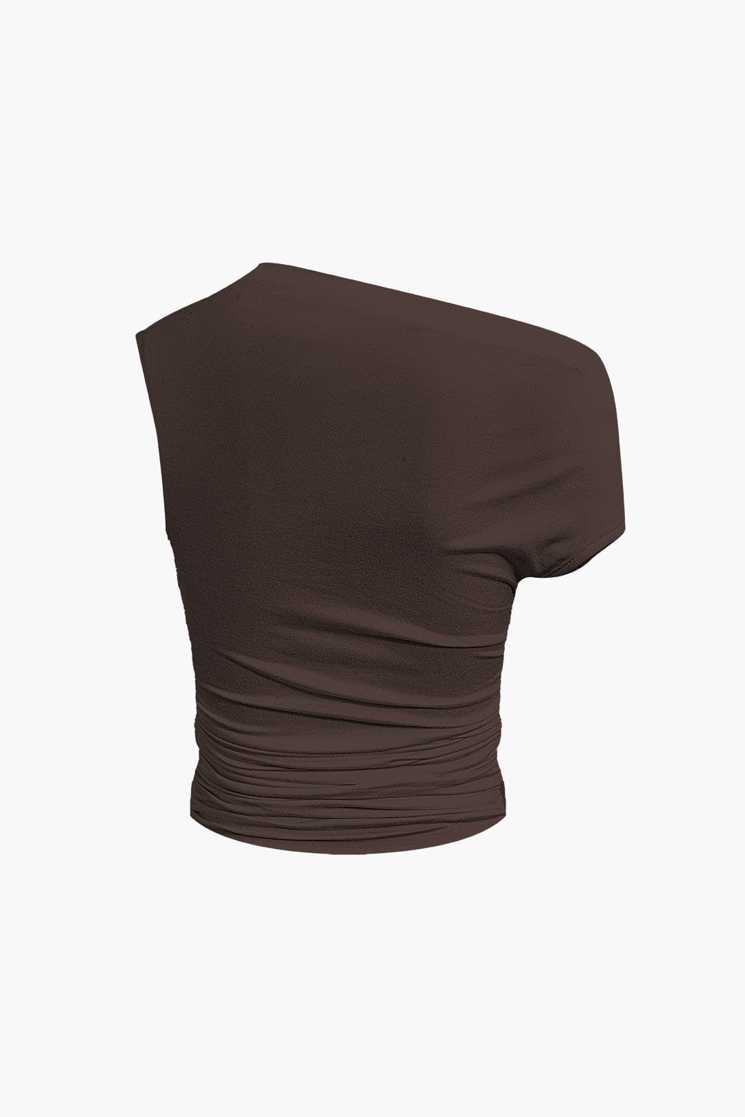 Women's two-piece set with one-shoulder top and draped mini skirt, asymmetric knot detail