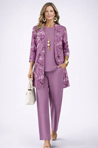 Women's 3-piece set with open-front cardigan, round-neck top and printed trousers, relaxed fit