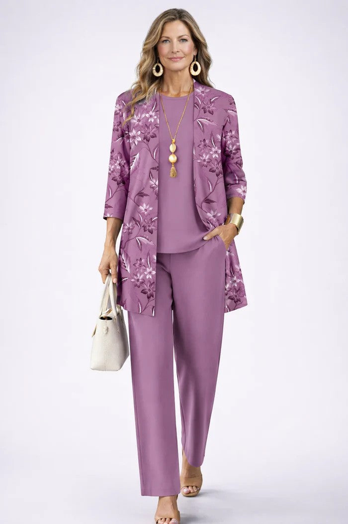 Women's 3-piece set with open-front cardigan, round-neck top and printed trousers, relaxed fit