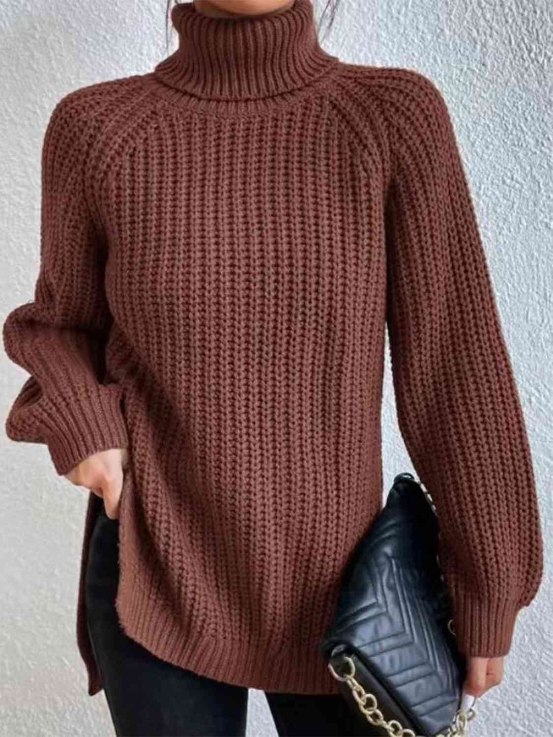 Women ribbed knit turtleneck sweater with side slit hem, autumn winter