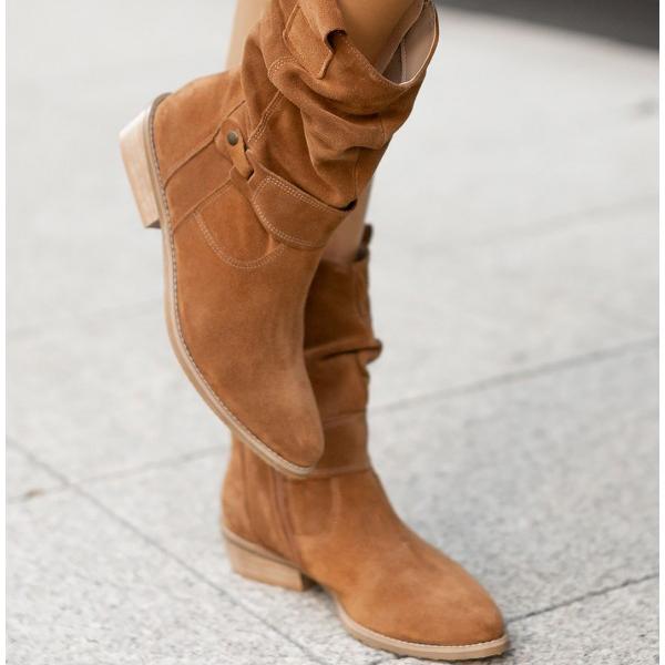 Women suede ankle boots low block heel slouch cuff side zip