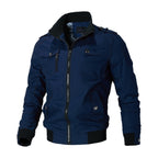 Men cotton blend military bomber jacket with shoulder epaulettes and zip pockets