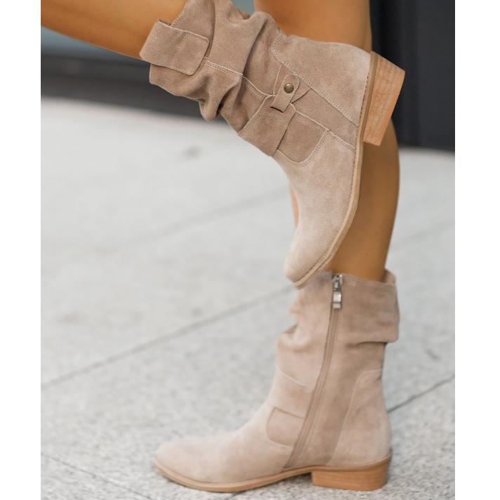 Women suede ankle boots low block heel slouch cuff side zip
