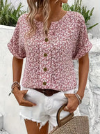 Women floral button-up blouse loose fit short sleeve casual top