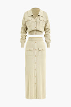 Women 2 piece knit blazer skirt set ribbed with gold button detail