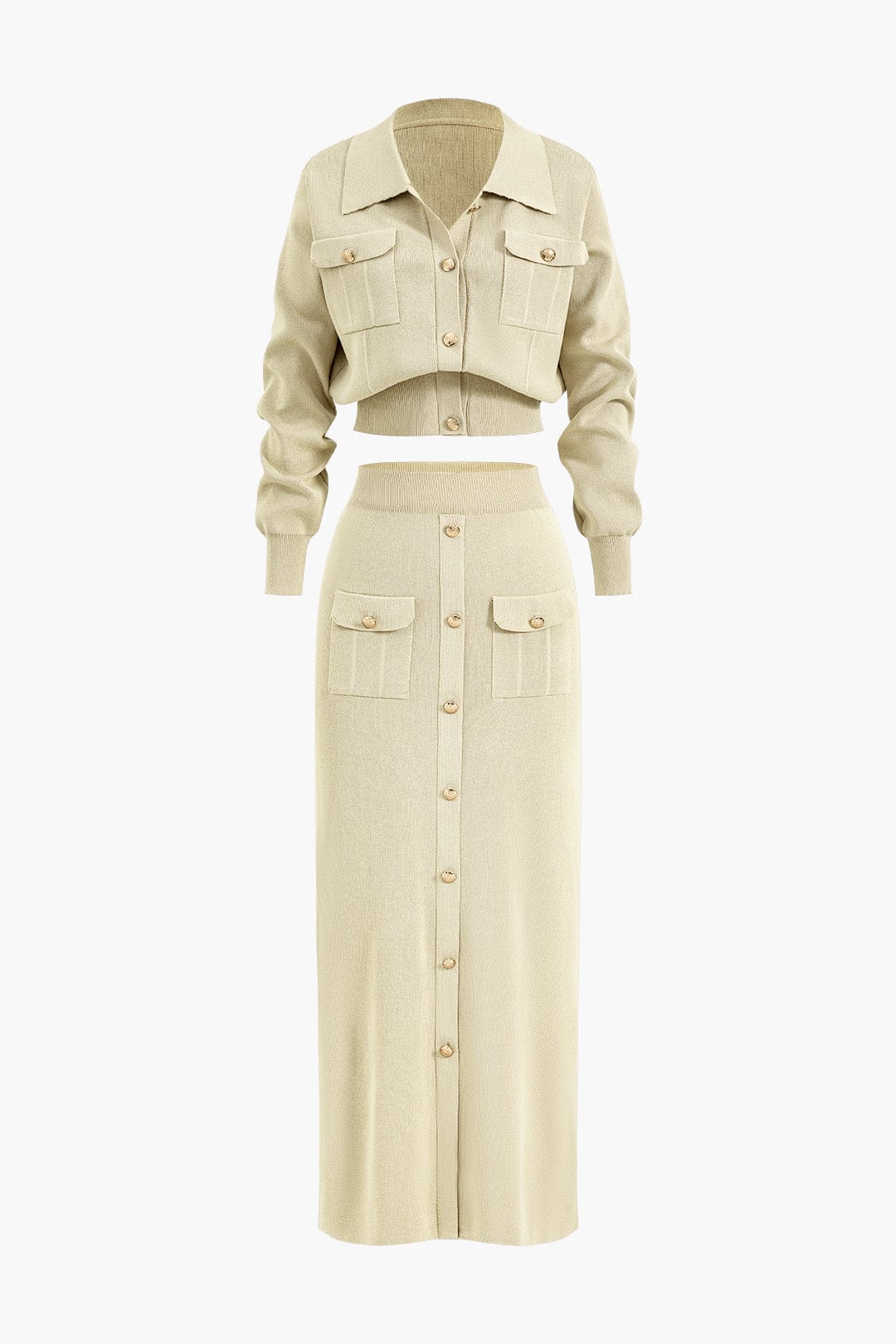 Women 2 piece knit blazer skirt set ribbed with gold button detail