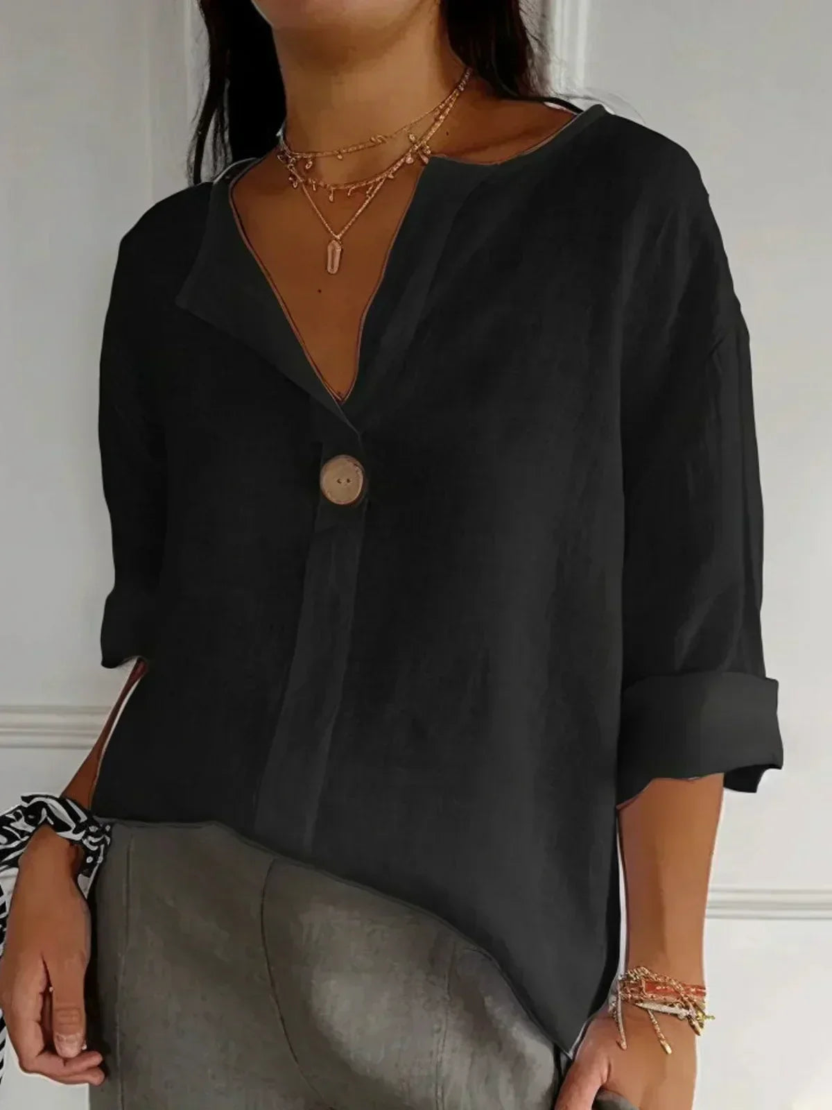 Women's lightweight V-neck blouse loose fit summer top with button detail