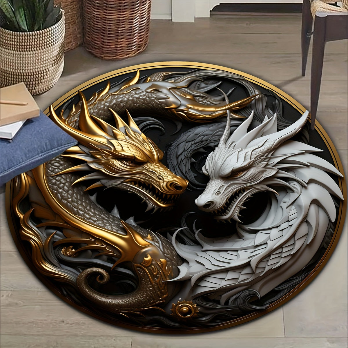 Round dragon rug non-slip decorative carpet flatwoven polyester floor mat