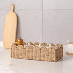 Boho woven storage basket with fan edge, natural fibre, rectangular, 35.5x16x10cm