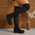 Women stretch knee high boots with woven wedge sole, pull-on style