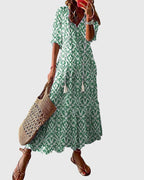 Boho summer dress with V-neckline, vintage bohemian style, lightweight and breezy