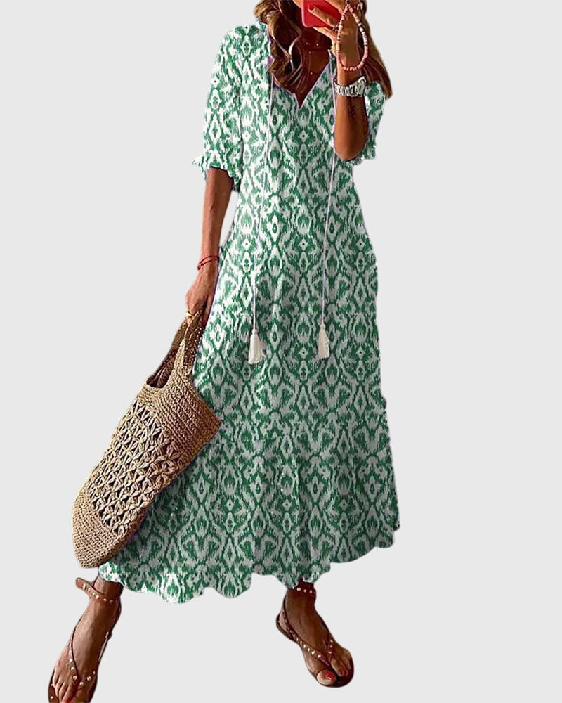 Boho summer dress with V-neckline, vintage bohemian style, lightweight and breezy