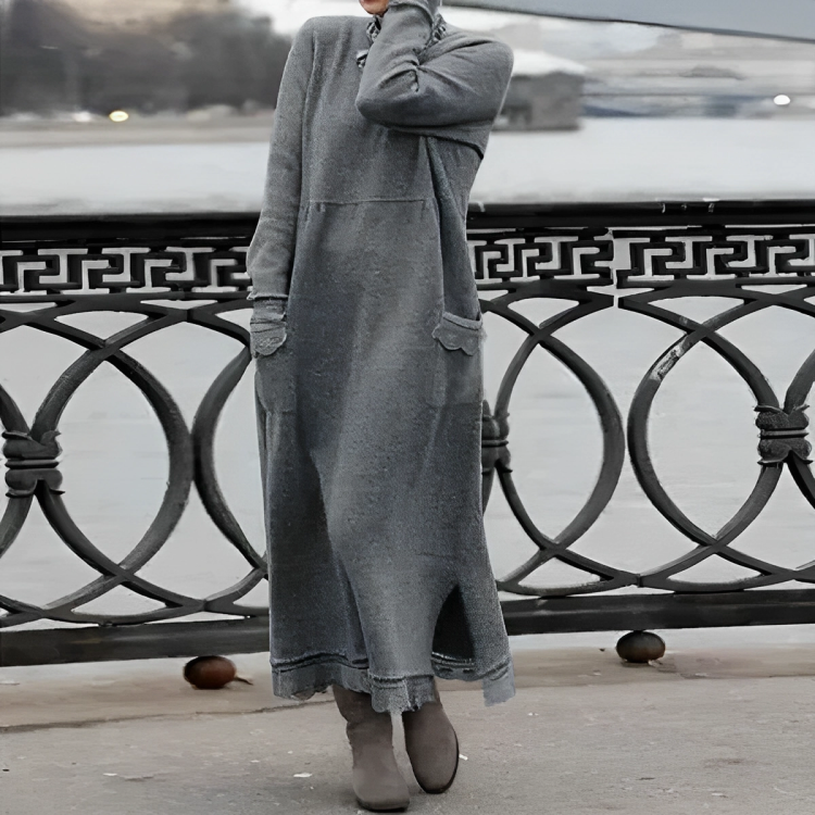 Women's winter knit midi dress with pockets and side slit, available in multiple colours