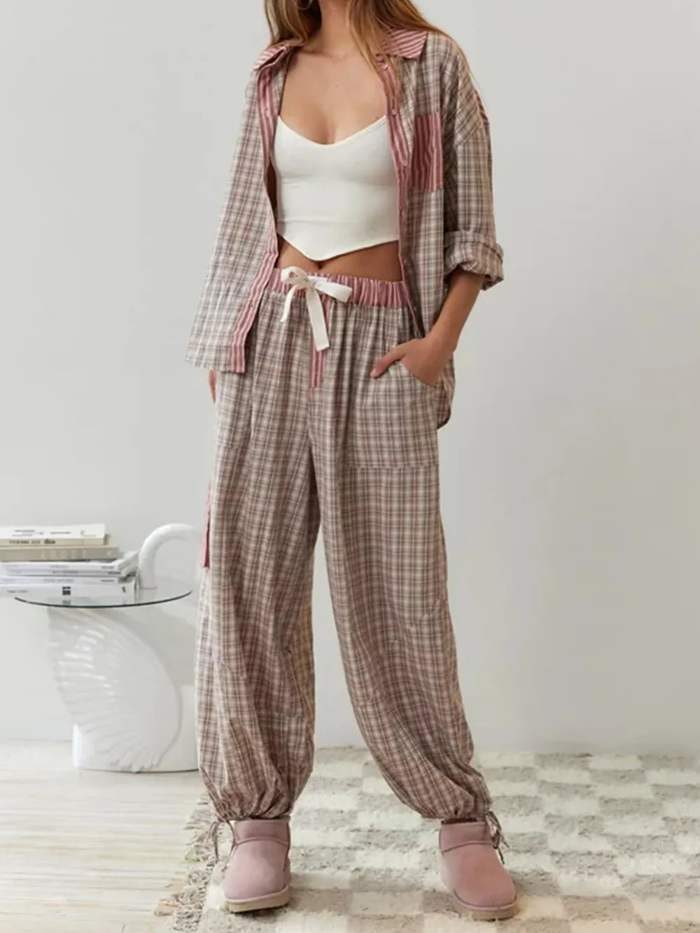 Women's two-piece soft cotton stretch pajama set in pink and blue, relaxed lounge fit