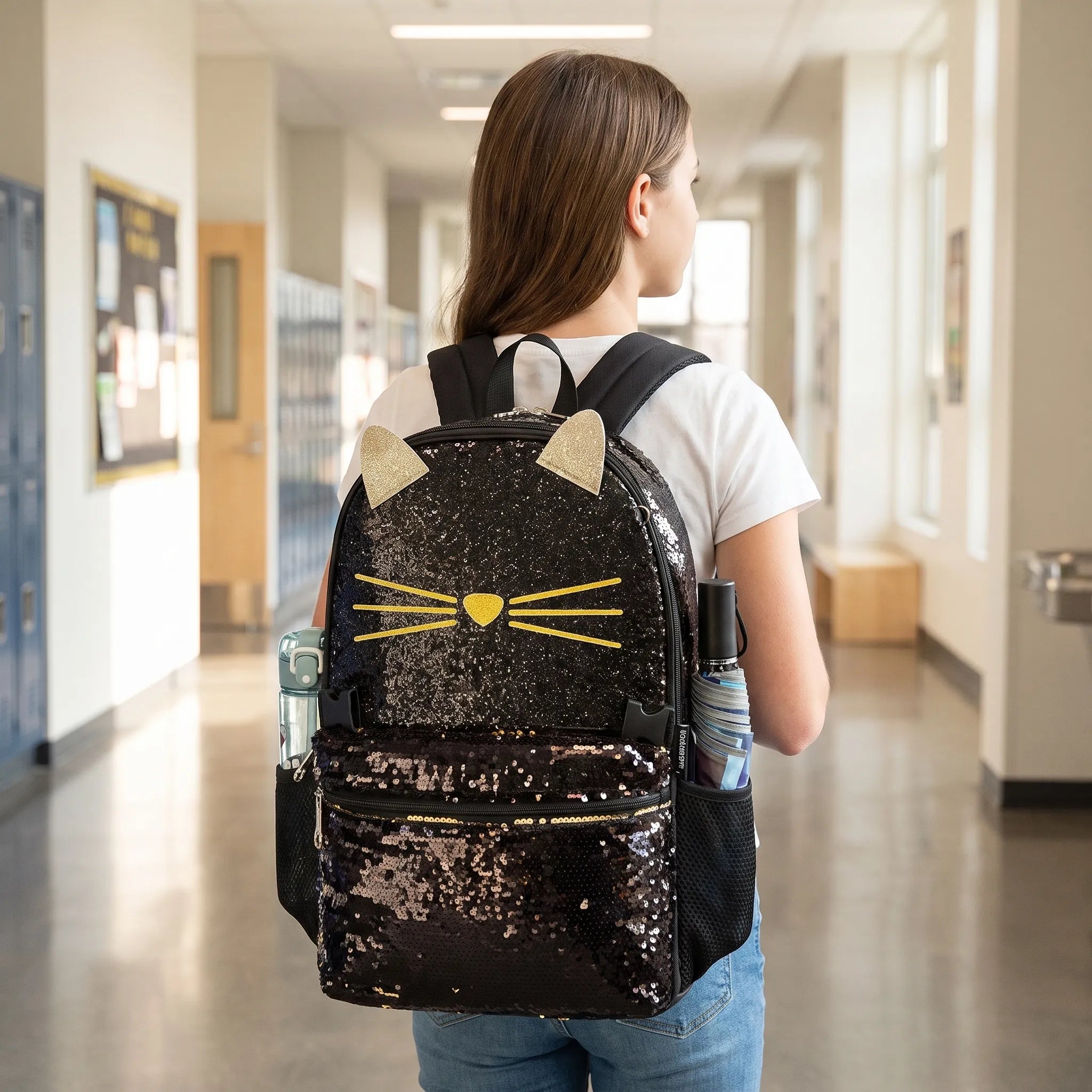 Kids school backpack set 3-piece black cat design with lunch bag and pencil case