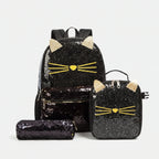 Kids school backpack set 3-piece black cat design with lunch bag and pencil case