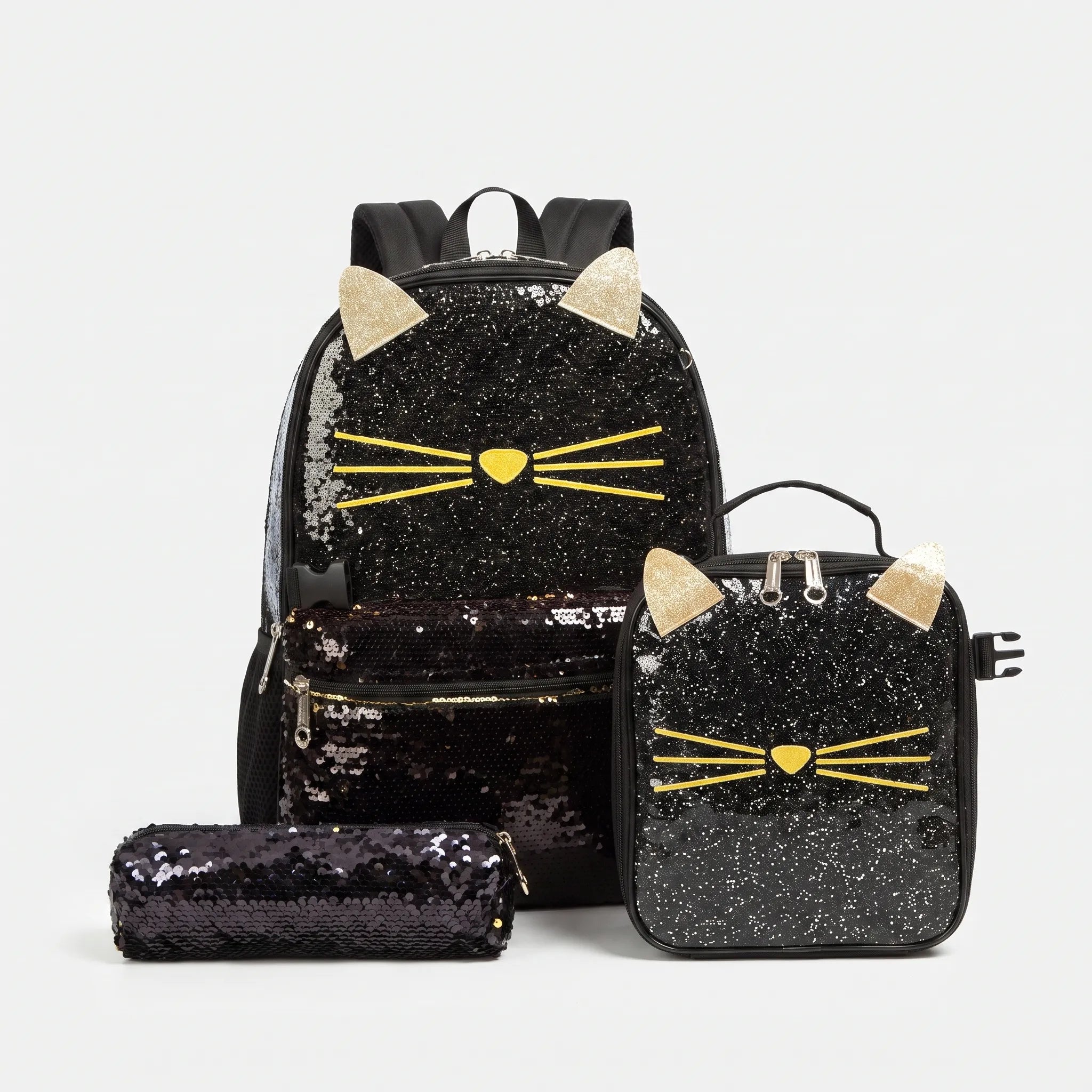 Kids school backpack set 3-piece black cat design with lunch bag and pencil case