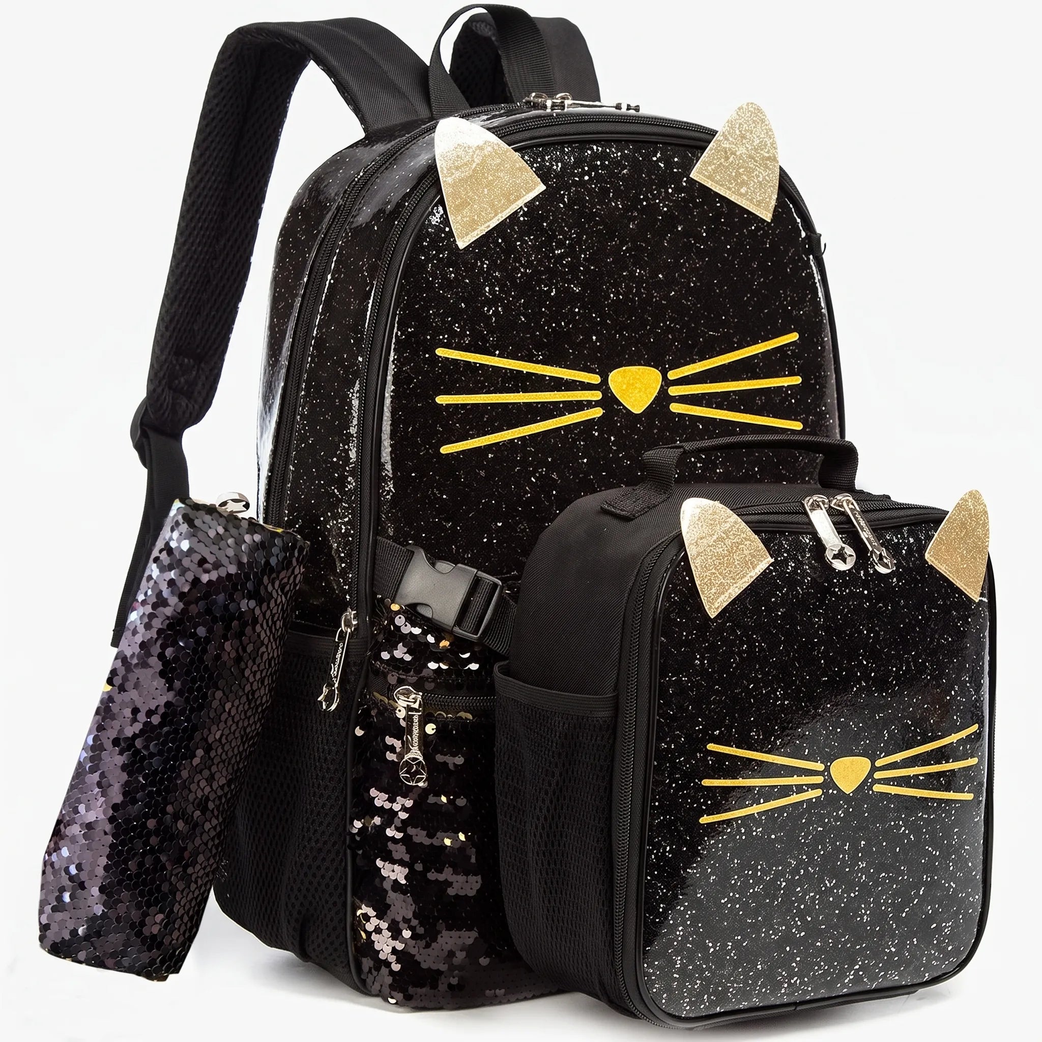Kids school backpack set 3-piece black cat design with lunch bag and pencil case