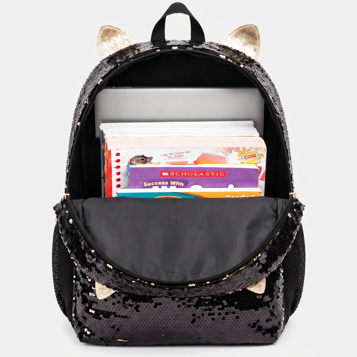 Kids school backpack set 3-piece black cat design with lunch bag and pencil case