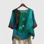 Women boho patchwork print top relaxed fit with decorative buttons