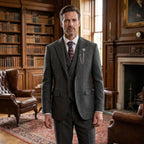 Men's 3-piece herringbone suit with tailored slim fit, jacket waistcoat and trousers set