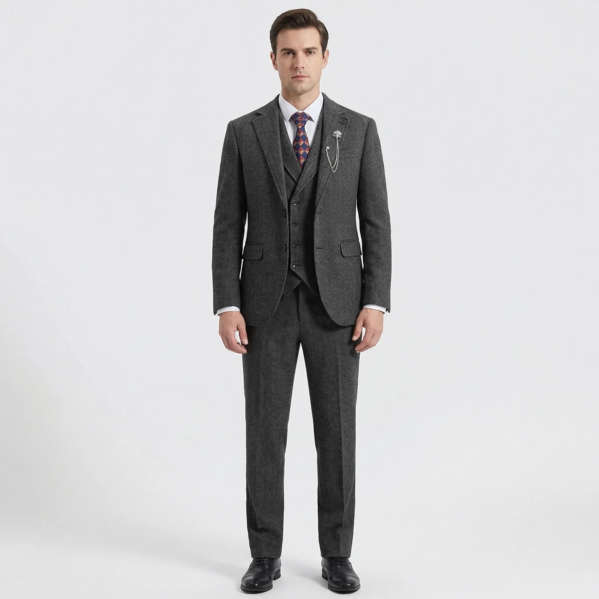 Men's 3-piece herringbone suit with tailored slim fit, jacket waistcoat and trousers set