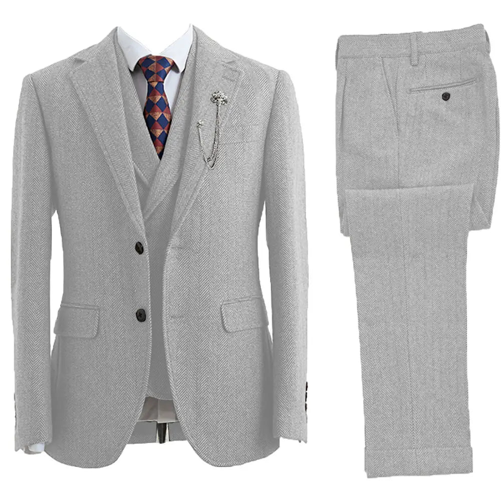 3-piece herringbone suit men's tailored slim fit with notch lapel and waistcoat