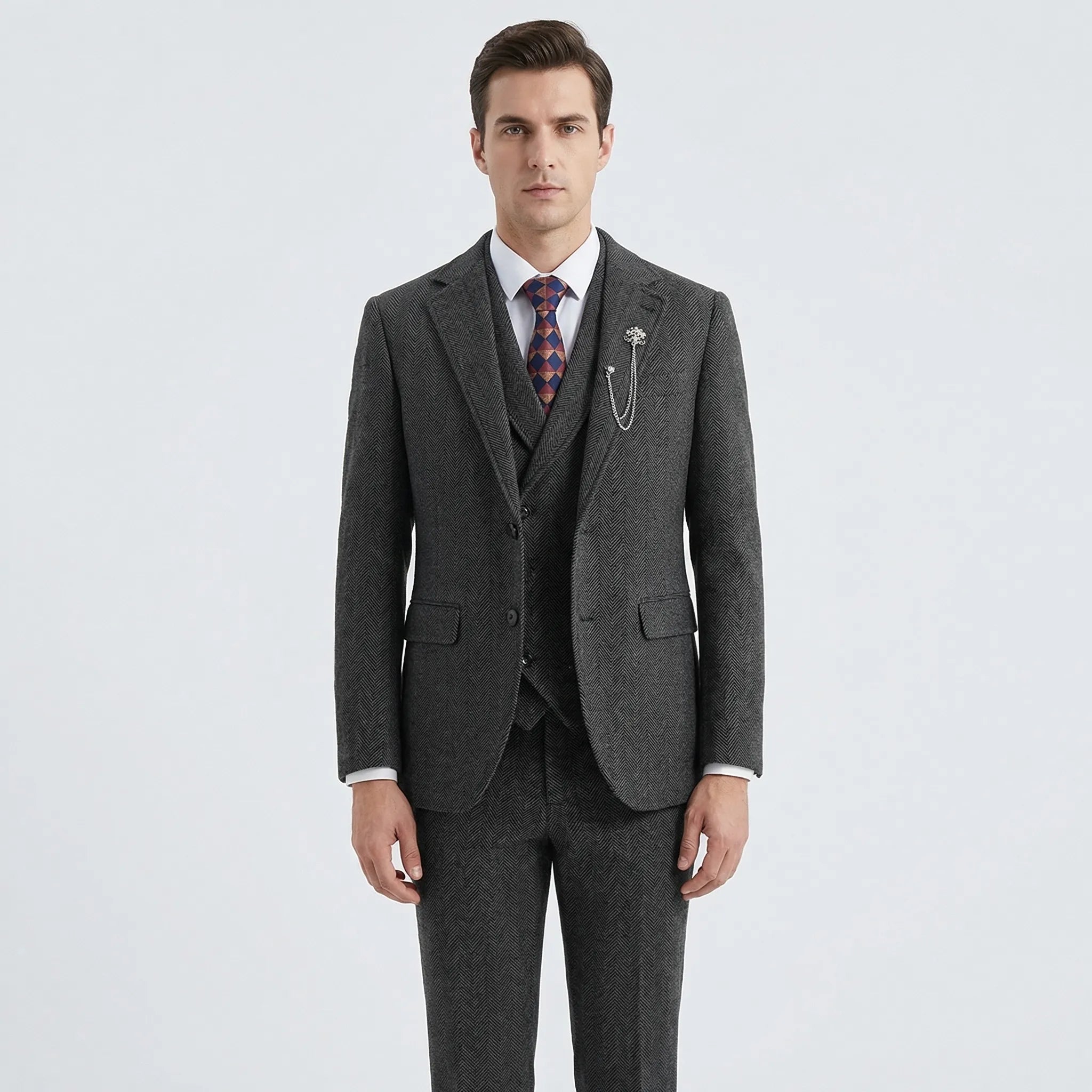 Men's 3-piece herringbone suit with tailored slim fit, jacket waistcoat and trousers set