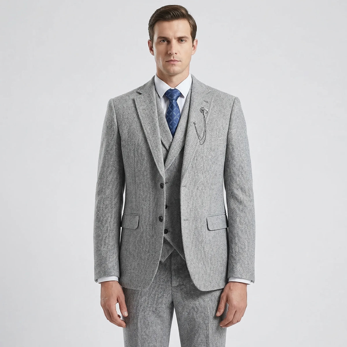 Men's 3-piece herringbone suit with tailored slim fit, jacket waistcoat and trousers set