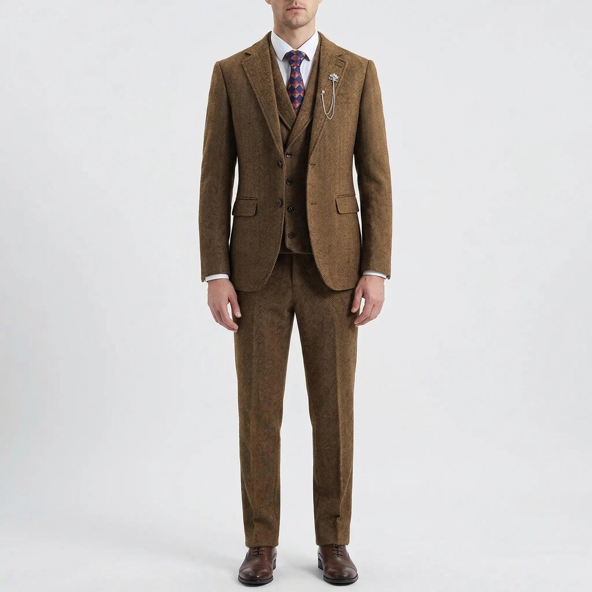 Men's 3-piece herringbone suit with tailored slim fit, jacket waistcoat and trousers set