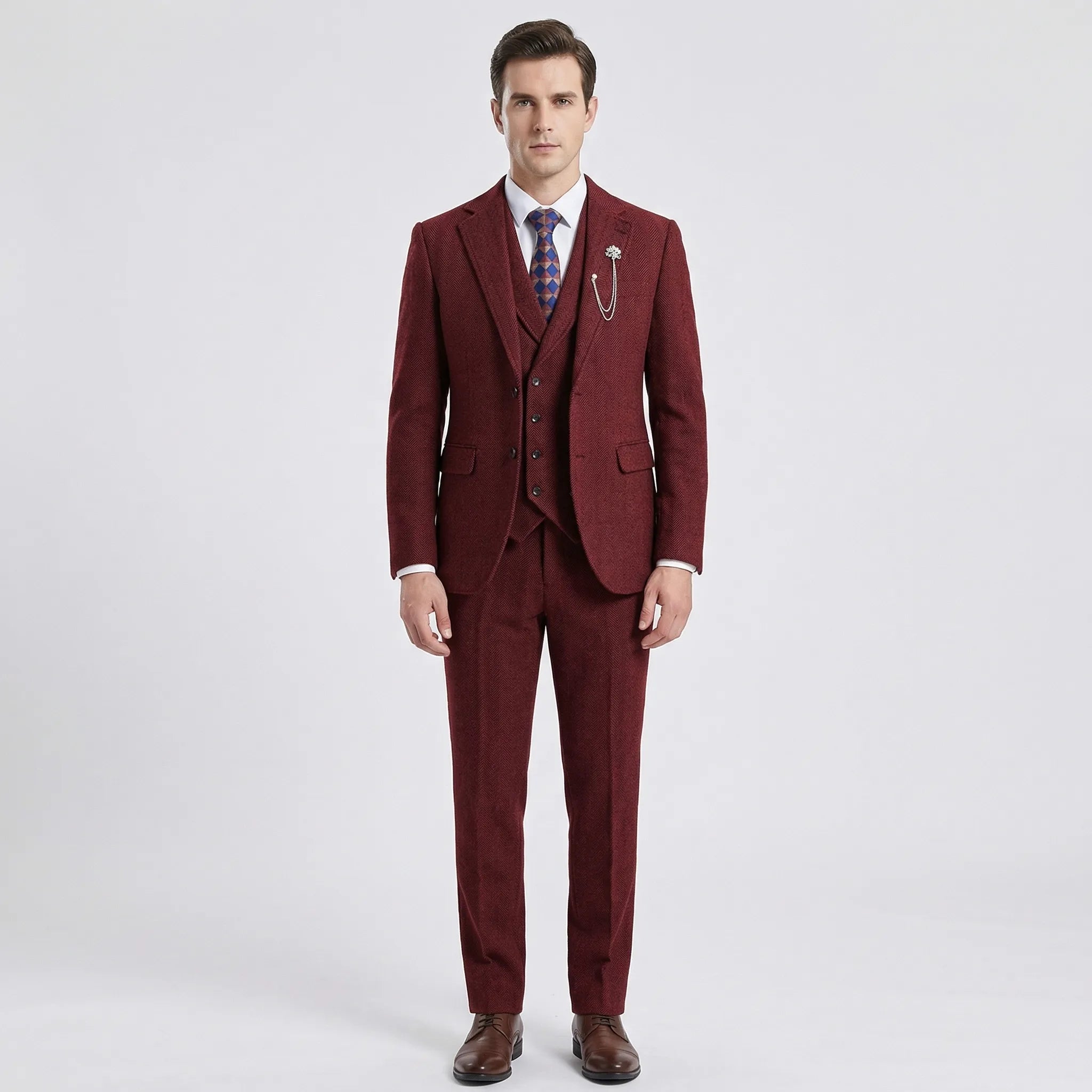 Men's 3-piece herringbone suit with tailored slim fit, jacket waistcoat and trousers set