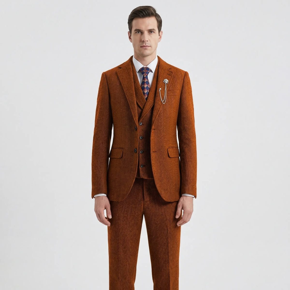 Men's 3-piece herringbone suit with tailored slim fit, jacket waistcoat and trousers set