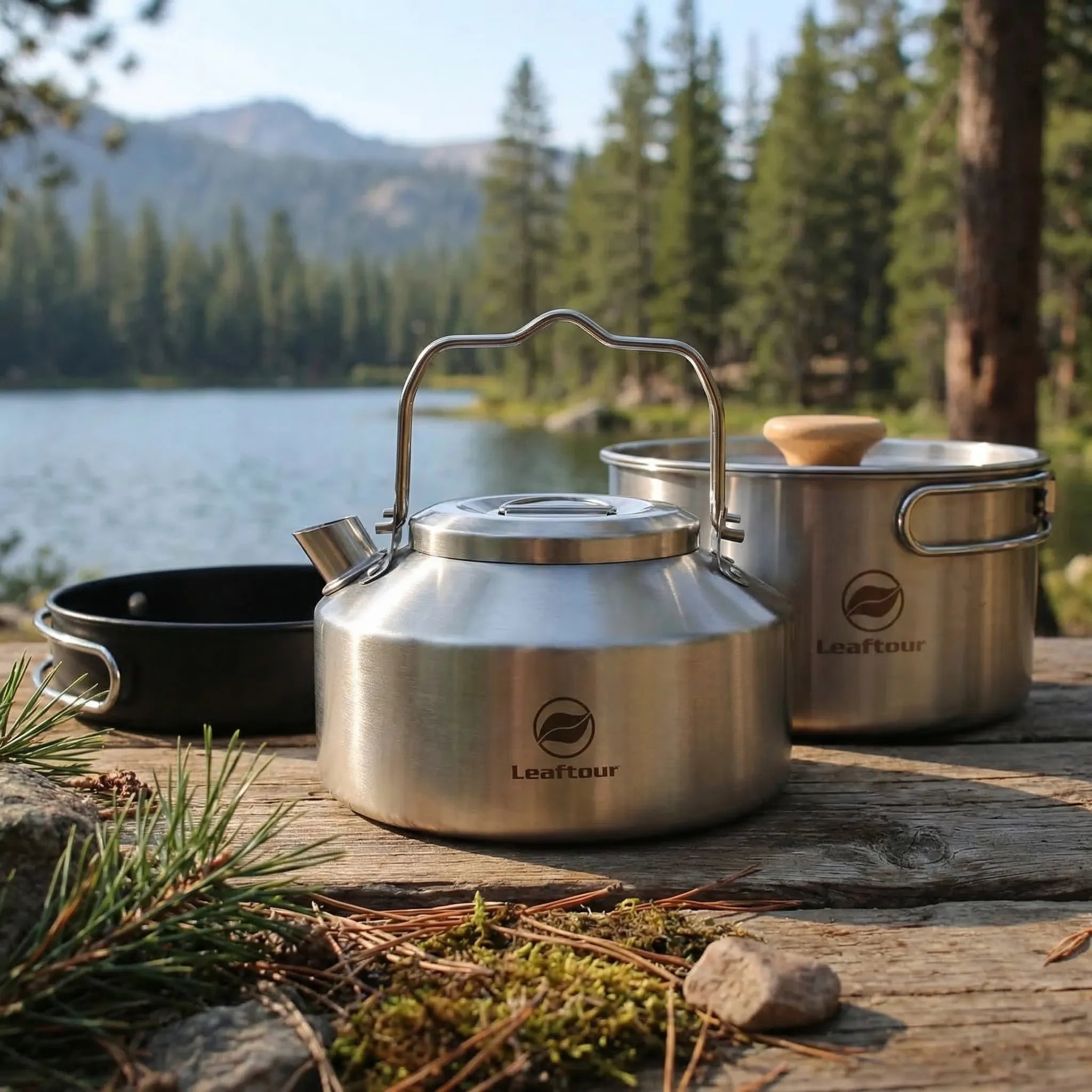3-piece camping cookware set with kettle, pot and non-stick frying pan for outdoor use