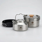 3-piece camping cookware set with kettle, pot and non-stick frying pan for outdoor use