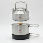 3-piece camping cookware set with kettle, pot and non-stick frying pan for outdoor use